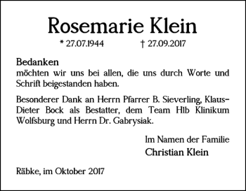 Traueranzeige von Rosemarie Klein von Helmstedter Nachrichten