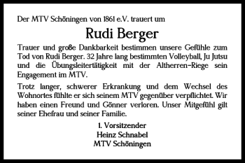 Traueranzeige von Rudi Berger von Helmstedter Nachrichten