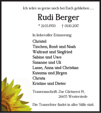 Traueranzeige von Rudi Berger von Helmstedter Nachrichten