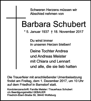 Traueranzeige von Barbara Schubert von Wolfsburger Nachrichten