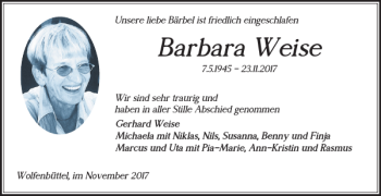 Traueranzeige von Barbara Weise von Wolfenbütteler Zeitung