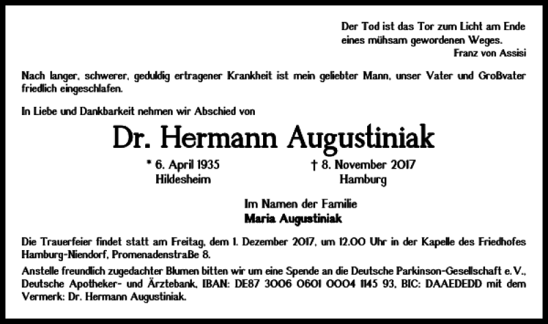  Traueranzeige für Dr. Hermann Augustiniak vom 18.11.2017 aus Wolfenbütteler Zeitung