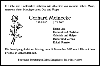 Traueranzeige von Gerhard Meinecke von Helmstedter Nachrichten