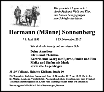 Traueranzeige von Hermann Männe Sonnenberg von Peiner Nachrichten