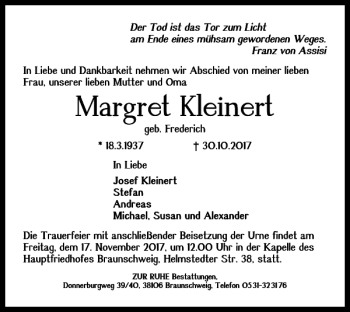 Traueranzeige von Margret Kleinert von Braunschweiger Zeitung