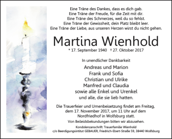 Traueranzeige von Martina Wienhold von Wolfsburger Nachrichten