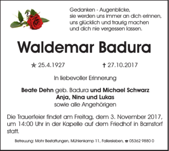 Traueranzeige von Waldemar Badura von Wolfsburger Nachrichten