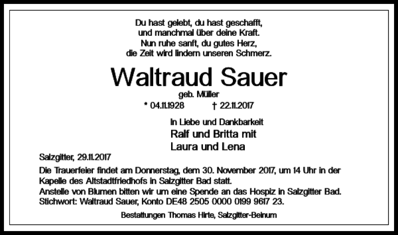 Traueranzeigen Von Waltraud Sauer | Trauer38.de