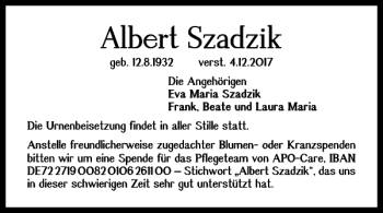 Traueranzeige von Albert Szadzik von Helmstedter Nachrichten