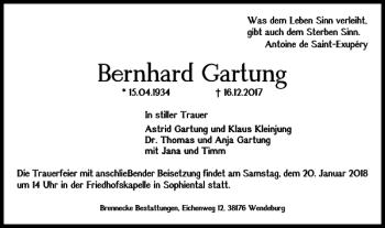 Traueranzeige von Bernhard Gartung von Peiner Nachrichten