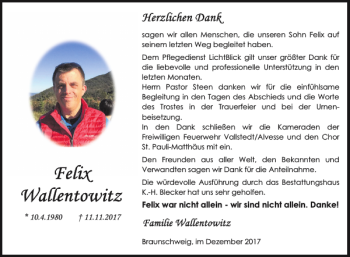 Traueranzeige von Felix Wallentowitz von Braunschweiger Zeitung