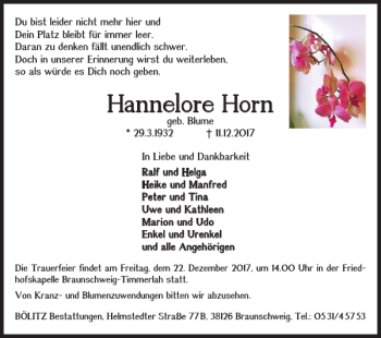 Traueranzeige von Hannelore Horn von Braunschweiger Zeitung