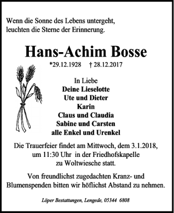 Traueranzeige von Hans-Achim Bosse von Peiner Nachrichten