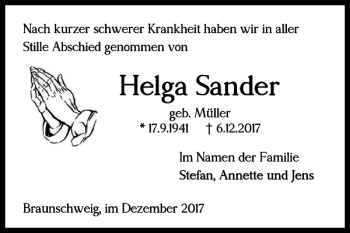 Traueranzeige von Helga Sander von Braunschweiger Zeitung