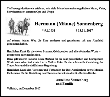 Traueranzeige von Hermann Männe Sonnenberg von Peiner Nachrichten