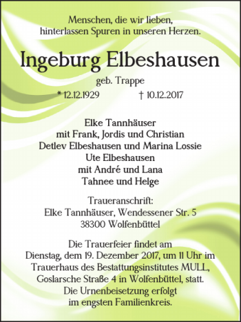 Traueranzeige von Ingeburg Elbeshausen von Wolfenbütteler Zeitung