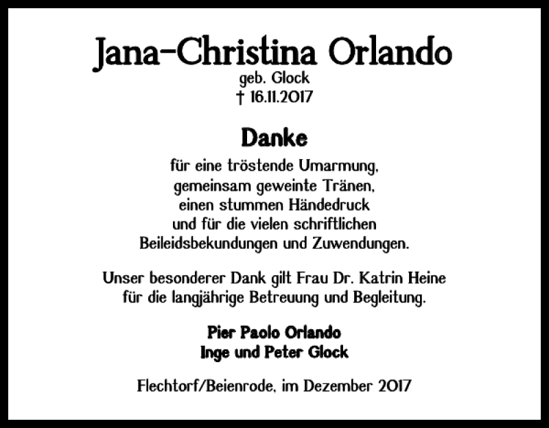  Traueranzeige für Jana-Christina Orlando vom 08.12.2017 aus Helmstedter Nachrichten