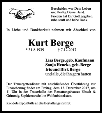 Traueranzeige von Kurt Berge von Wolfenbütteler Zeitung