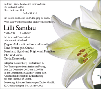 Traueranzeige von Lilli Sandau von Salzgitter Zeitung