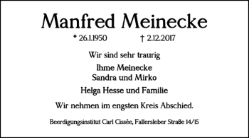 Traueranzeige von Manfred Meinecke von Braunschweiger Zeitung