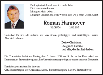 Traueranzeige von Roman Hannover von Braunschweiger Zeitung