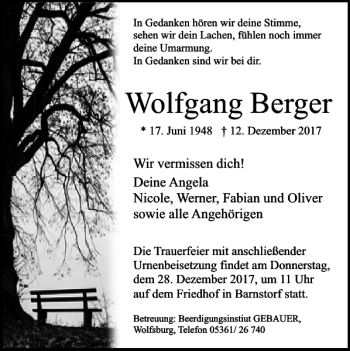 Traueranzeige von Wolfgang Berger von Wolfsburger Nachrichten