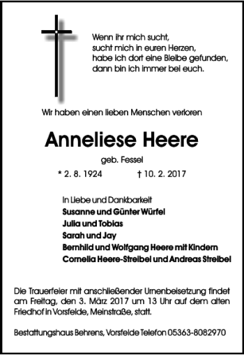 Traueranzeige von Anneliese Heere von Wolfsburger Nachrichten