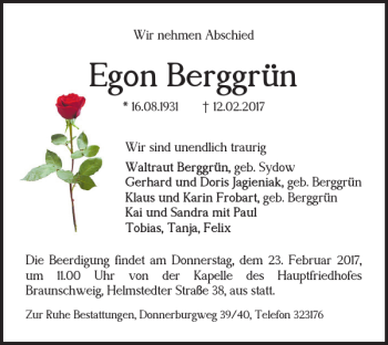 Traueranzeige von Egon Berggrün von Braunschweiger Zeitung