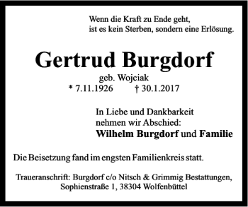 Traueranzeige von Gertrud Burgdorf von Wolfenbütteler Zeitung