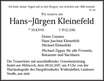 Traueranzeige von Hans-Jürgen Kleinefeld von Wolfenbütteler Zeitung