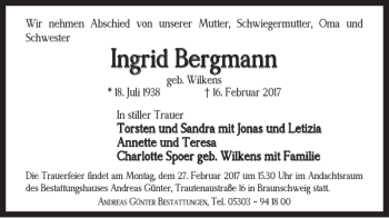 Traueranzeige von Ingrid Bergmann von Braunschweiger Zeitung