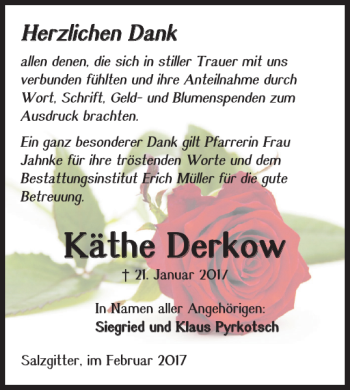 Traueranzeige von Käthe Derkow von Salzgitter Zeitung