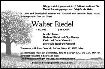 Traueranzeige von Walter Riedel von Helmstedter Nachrichten