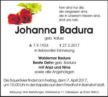 Traueranzeige von Johanna Badura von Wolfsburger Nachrichten