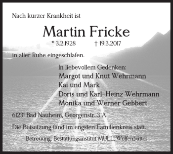 Traueranzeige von Martin Fricke von Wolfenbütteler Zeitung