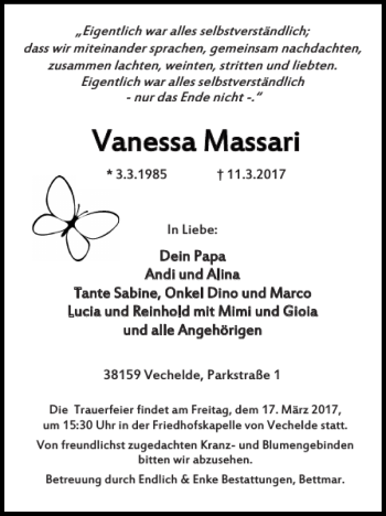 Traueranzeige von Vanessa Massari von Braunschweiger Zeitung