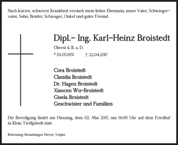 Traueranzeige von Dipl.-Ing. Karl-Heinz Broistedt von Wolfsburger Nachrichten