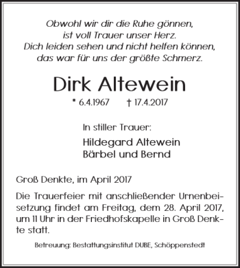 Traueranzeige von Dirk Altewein von Wolfenbütteler Zeitung