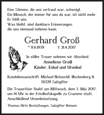 Traueranzeige von Gerhard Groß von Salzgitter Zeitung