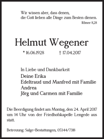 Traueranzeige von Helmut Wegener von Peiner Nachrichten