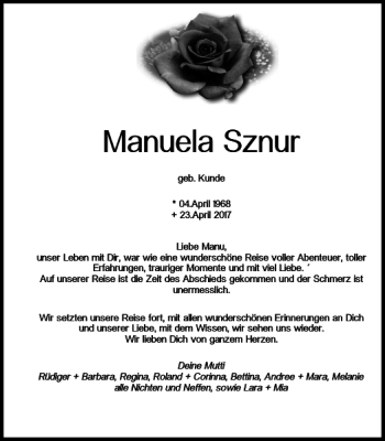 Traueranzeige von Manuela Sznur von Helmstedter Nachrichten