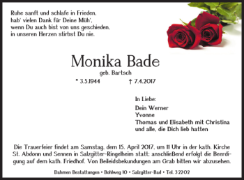 Traueranzeige von Monika Bade von Salzgitter Zeitung