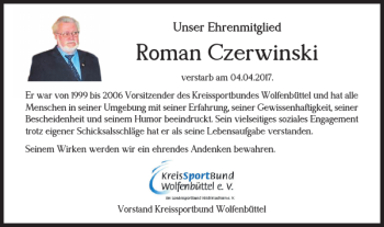 Traueranzeige von Roman Czerwinski von Wolfenbütteler Zeitung