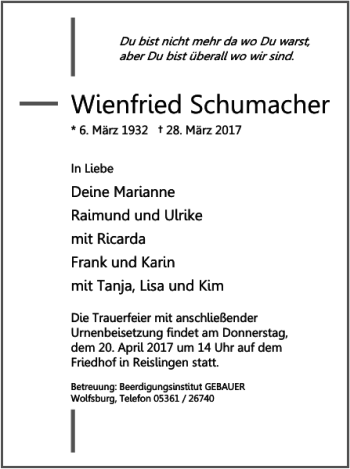 Traueranzeige von Wienfried Schumacher von Wolfsburger Nachrichten