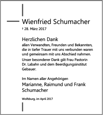 Traueranzeige von Wienfried Schumacher von Wolfsburger Nachrichten