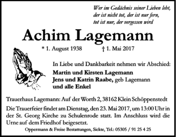 Traueranzeige von Achim Lagemann von Wolfenbütteler Zeitung