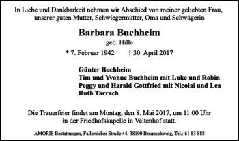 Traueranzeige von Barbara Buchheim von Braunschweiger Zeitung