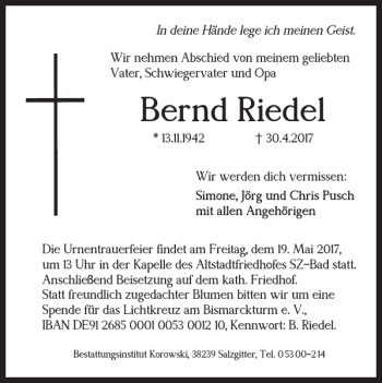 Traueranzeige von Bernd Riedel von Salzgitter Zeitung