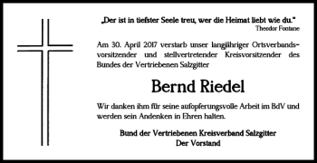 Traueranzeige von Bernd Riedel von Salzgitter Zeitung