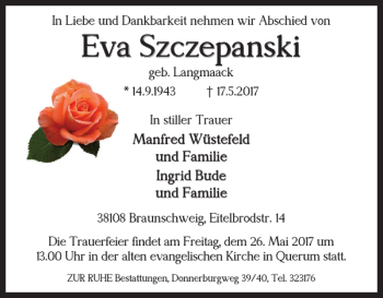 Traueranzeige von Eva Szczepanski von Braunschweiger Zeitung